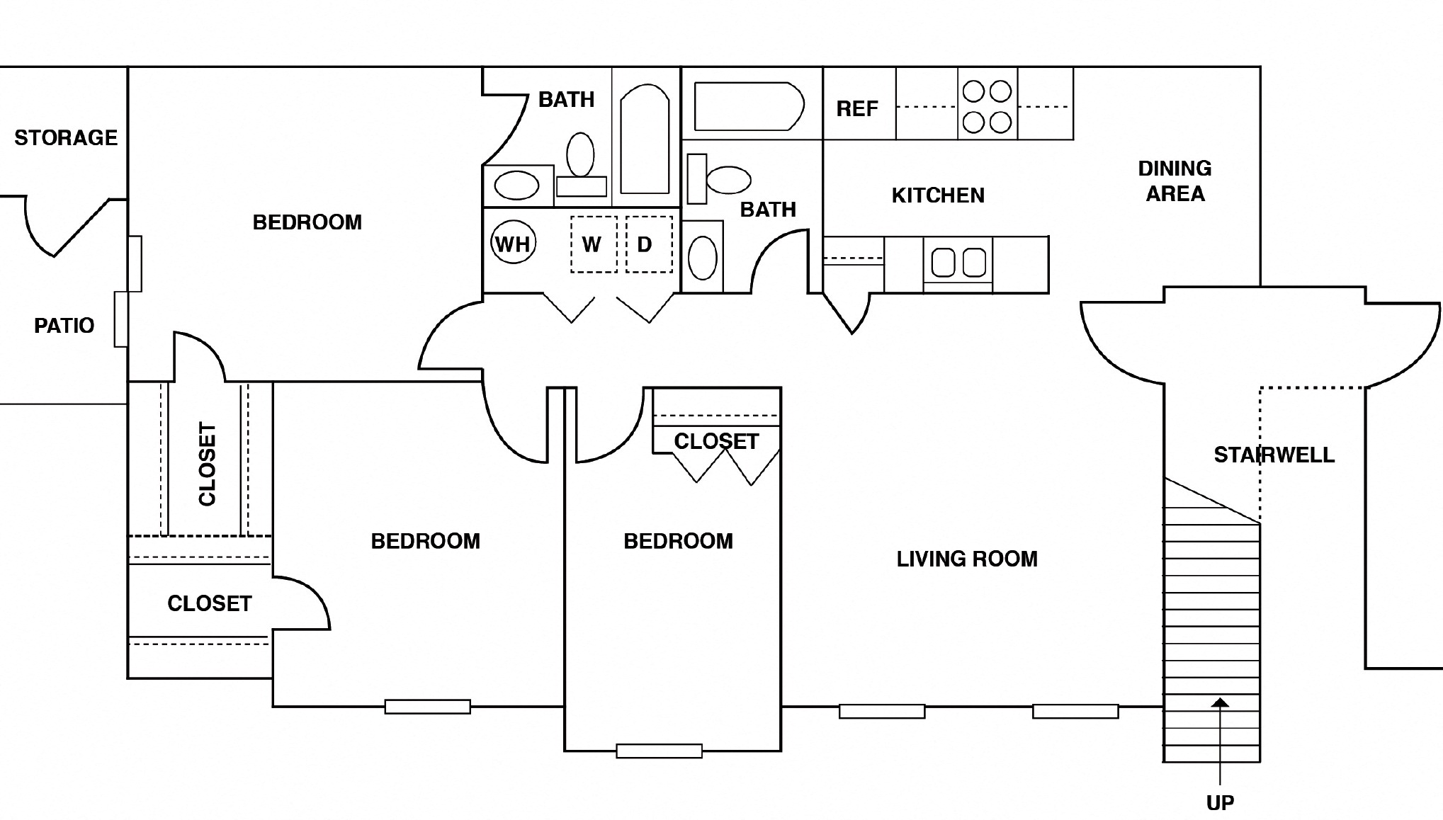 Floor plan for 3 beds, 2 baths, 1100 sqft